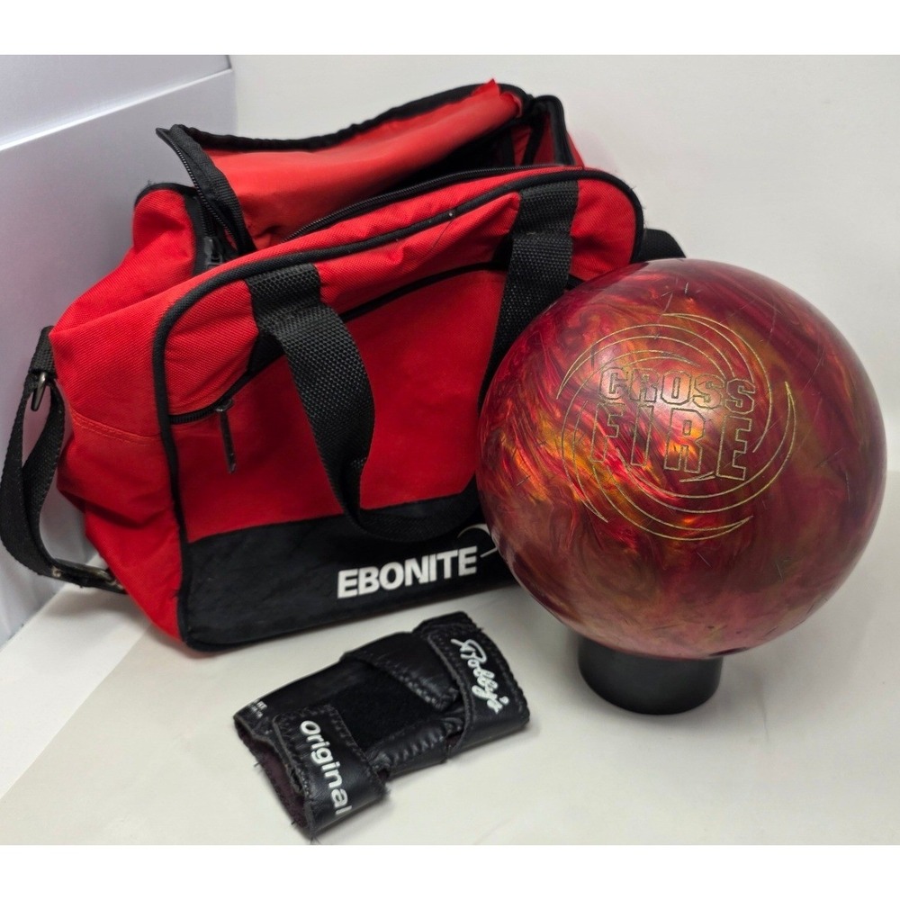 Ebonite Cross Fire Bowling Ball 12lb Red Gold Bag Robby Wrist Support Good USA